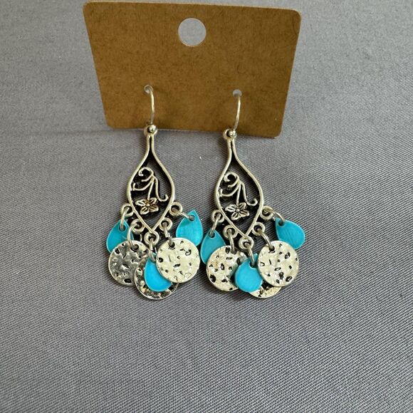 Silver Tone Faux Turquoise Teardrop Disc Dangle Drop Earrings Women Boho Jewelry - Picture 2 of 6